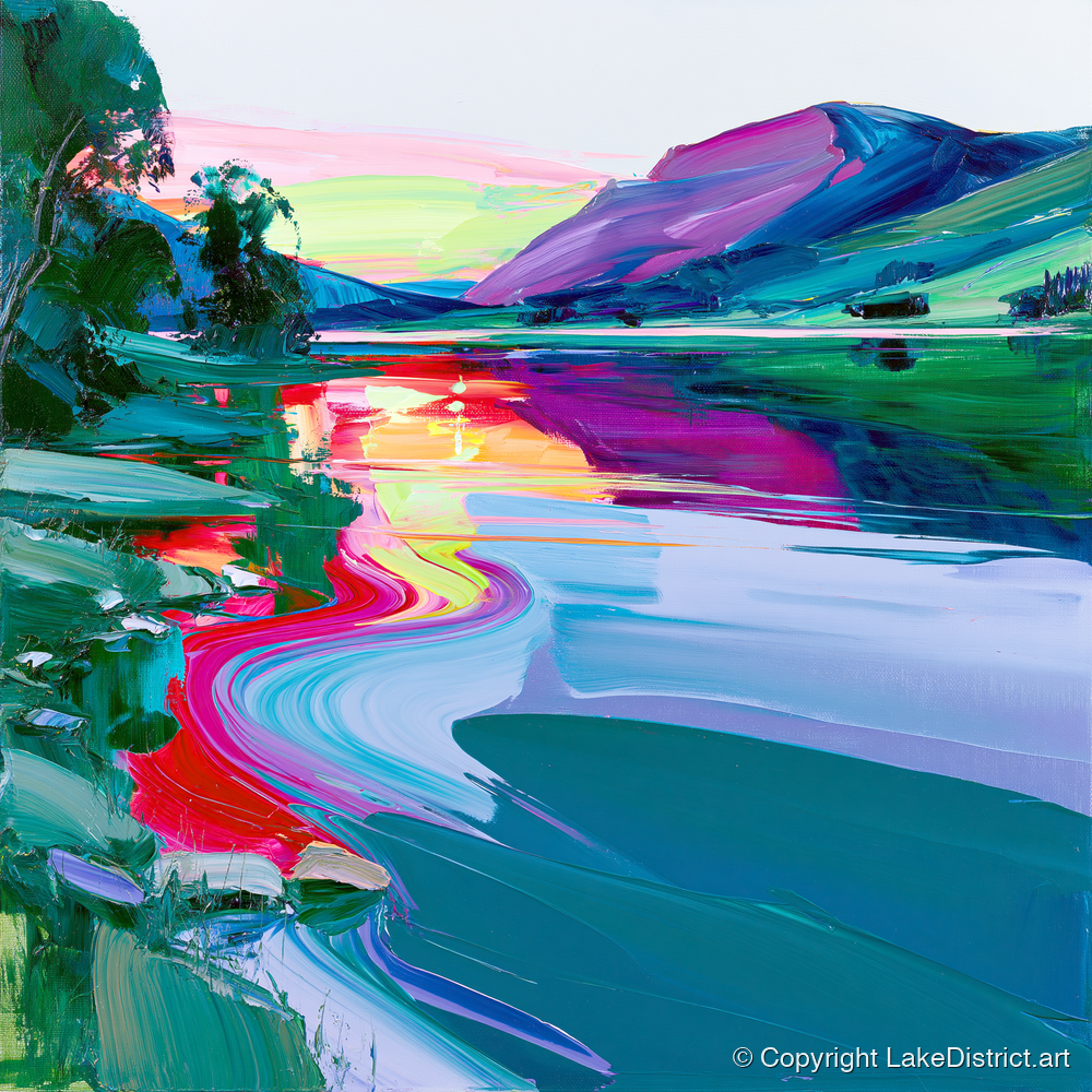 Electric Lake Sunset Reflections - lake district lake art print and canvas by Julian Mercer A.I