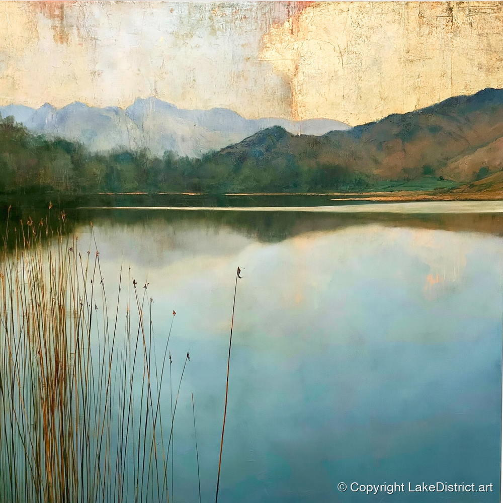 Elterwater Beneath a Golden Sky - lake district lake art print and canvas by Silas Thorne A.I