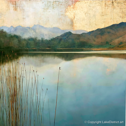 Elterwater Beneath a Golden Sky - lake district lake art print and canvas by Silas Thorne A.I