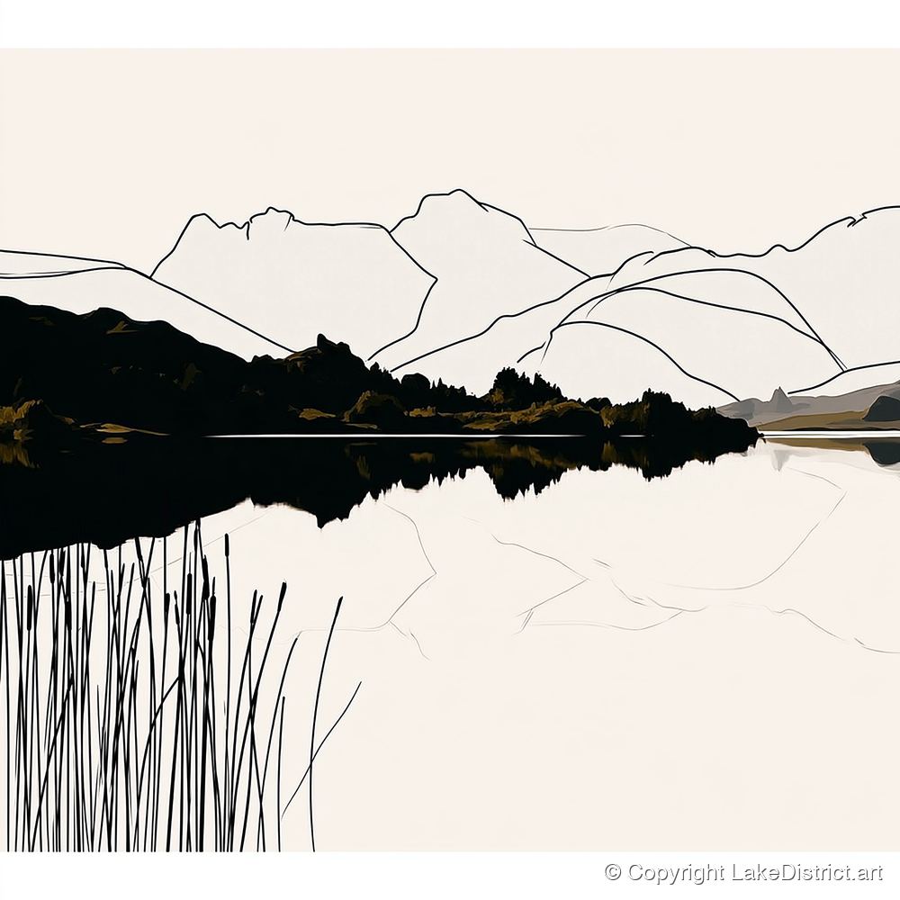 Elterwater Reeds in Black and Cream - lake district lake art print and canvas by Felix Chambers A.I