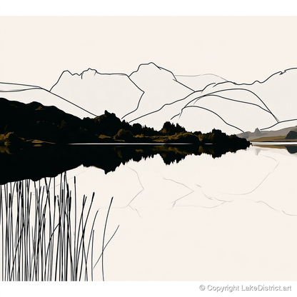 Elterwater Reeds in Black and Cream - lake district lake art print and canvas by Felix Chambers A.I