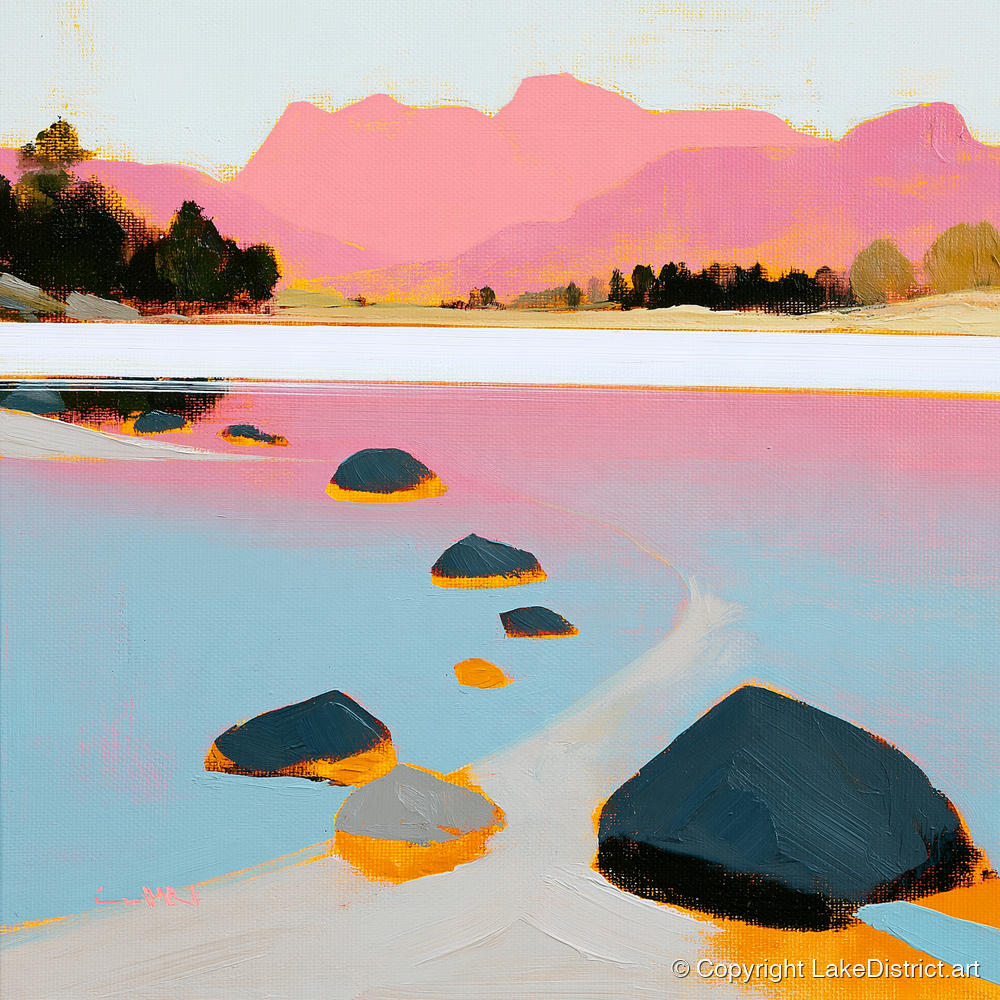 Elterwater Rocks and Pink Fells - lake district lake art print and canvas by Genevieve Moore A.I