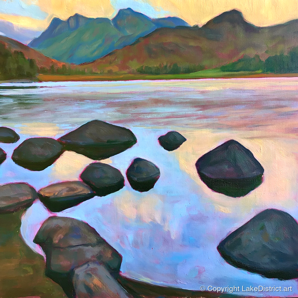 Elterwater Rocks at Sunset - lake district lake art print and canvas by Beatrice Linwood A.I