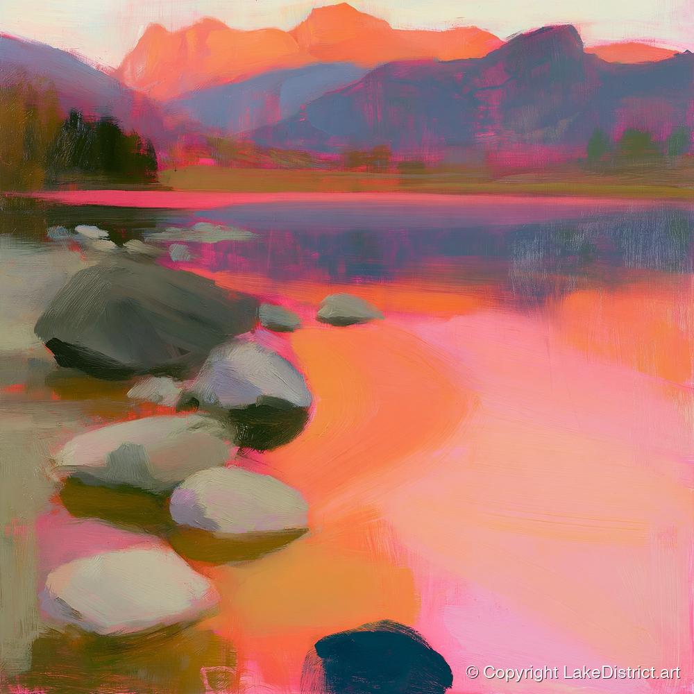 Elterwater Rocks in Fiery Light - lake district lake art print and canvas by Rosalind Pierce A.I