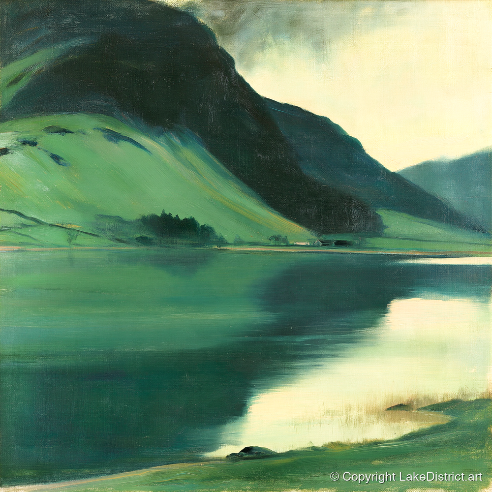 Emerald Fells Over the Lake - lake district lake art print and canvas by Lawrence Baines A.I