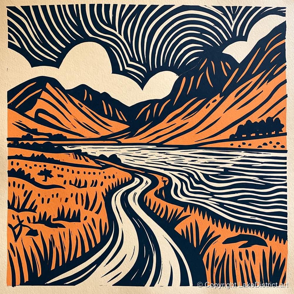 Ennerdale in Navy and Terracotta - lake district valley art print and canvas by Leon Baxter A.I