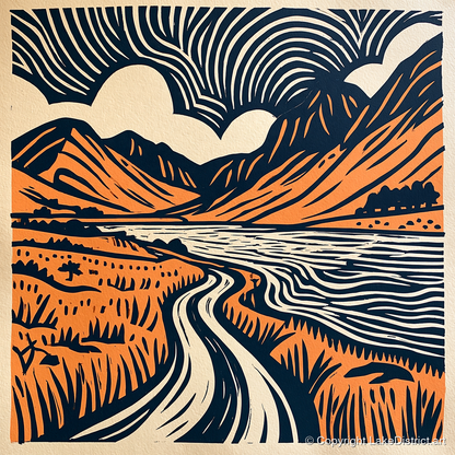 Ennerdale in Navy and Terracotta - lake district valley art print and canvas by Leon Baxter A.I