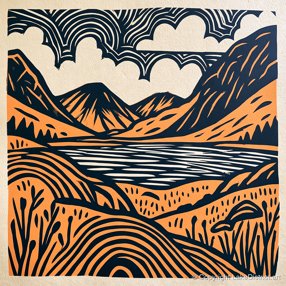 Ennerdale Water in Terracotta and Navy - lake district valley art print and canvas by Leon Baxter A.I