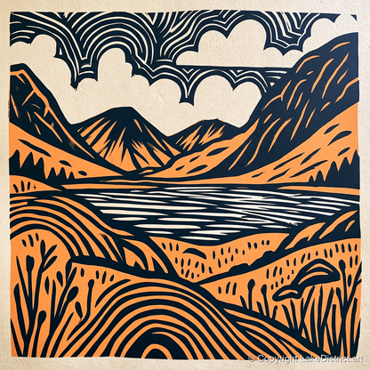 Ennerdale Water in Terracotta and Navy - lake district valley art print and canvas by Leon Baxter A.I
