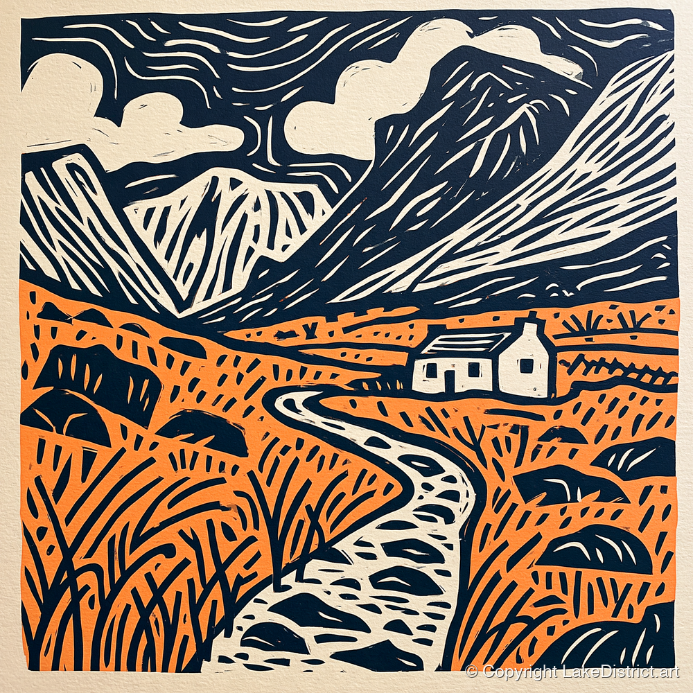 Eskdale Cottage and Navy Fells - lake district valley art print and canvas by Leon Baxter A.I