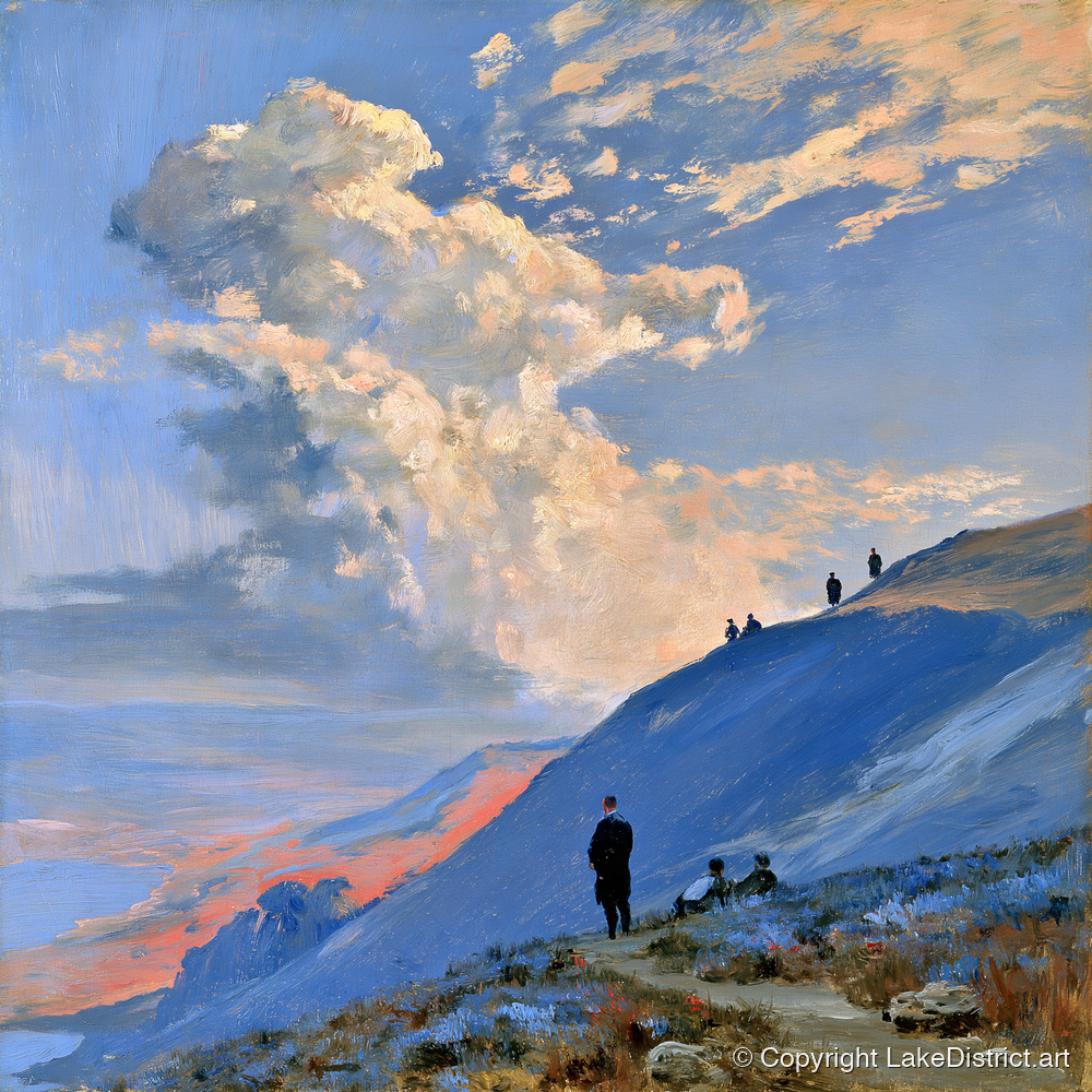 Fell Hikers Under Sunlit Clouds - lake district fell art print and canvas by Gabriel Hayes A.I