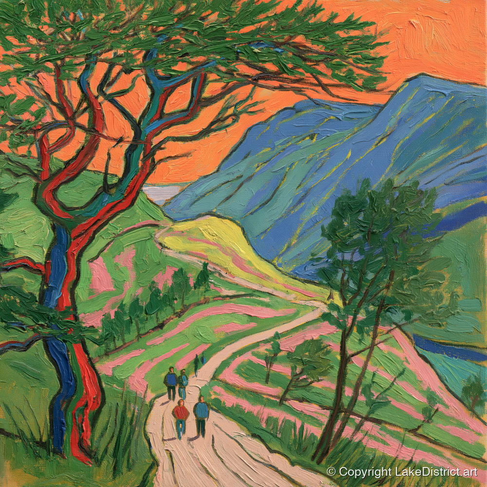 Fell Path Beneath an Orange Sky - lake district walking art print and canvas by Mirabel Carlyle A.I