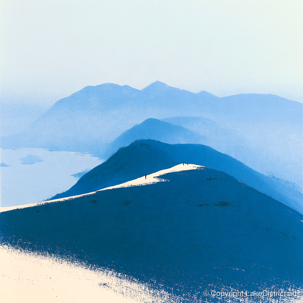 Fell Summit in Deep Blue - lake district fell art print and canvas by Jasper Flint A.I