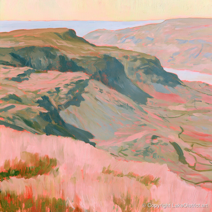 Fell Summit in Pastel Pink - lake district fell art print and canvas by Florence Hadley A.I