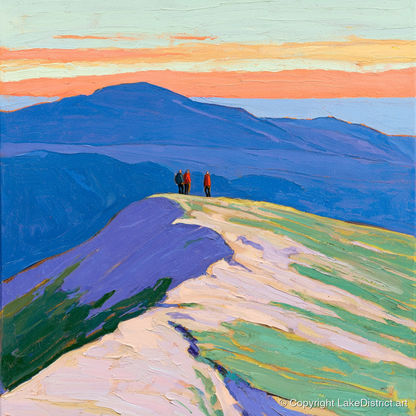 Fell Top Hikers At Sunset - lake district fell art print and canvas by Marshall Davies A.I