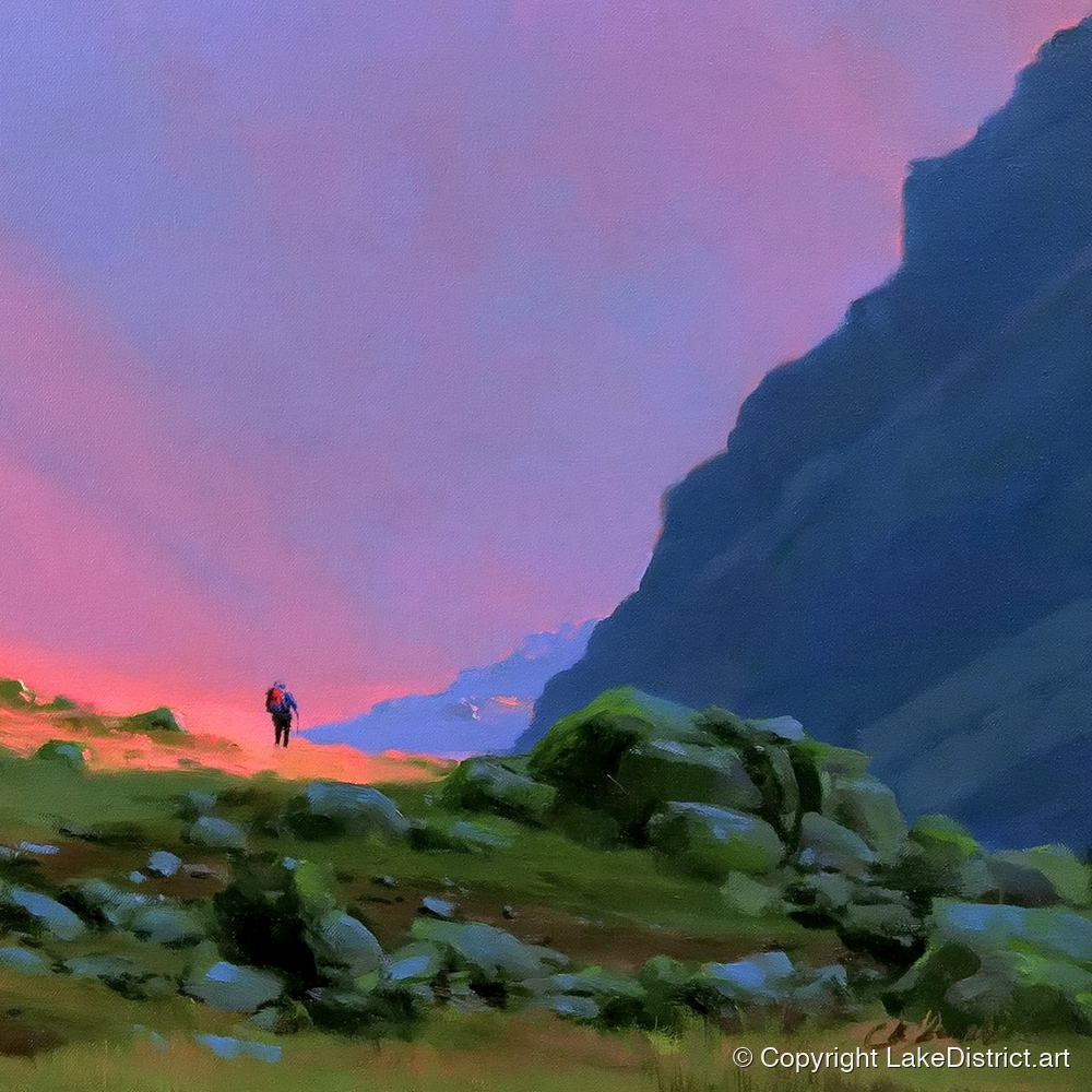 Fell Walker Beneath Vivid Skies - lake district walking art print and canvas by Edmund Thatcher A.I
