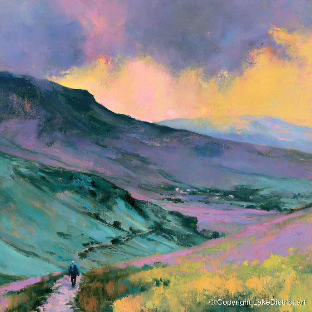 Fell Walker in Pastel Fells - lake district walking art print and canvas by Desmond Fairfax A.I