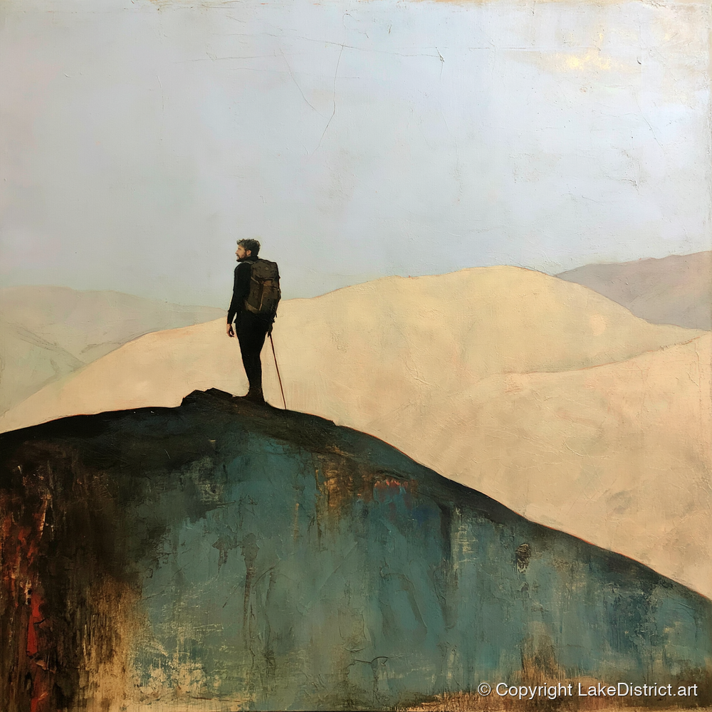 Fell Walker on Dark Ridge - lake district walking art print and canvas by Silas Thorne A.I