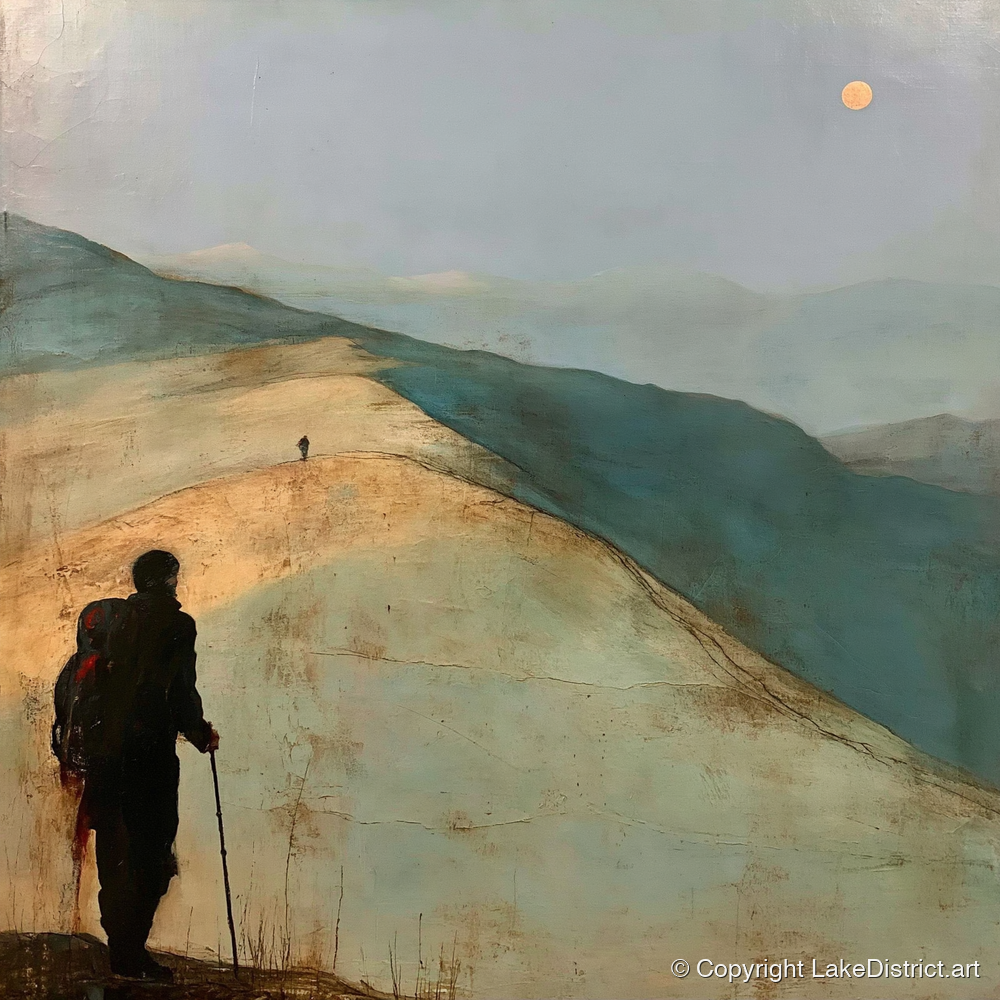 Fell Walker on the Golden Ridge - lake district walking art print and canvas by Silas Thorne A.I