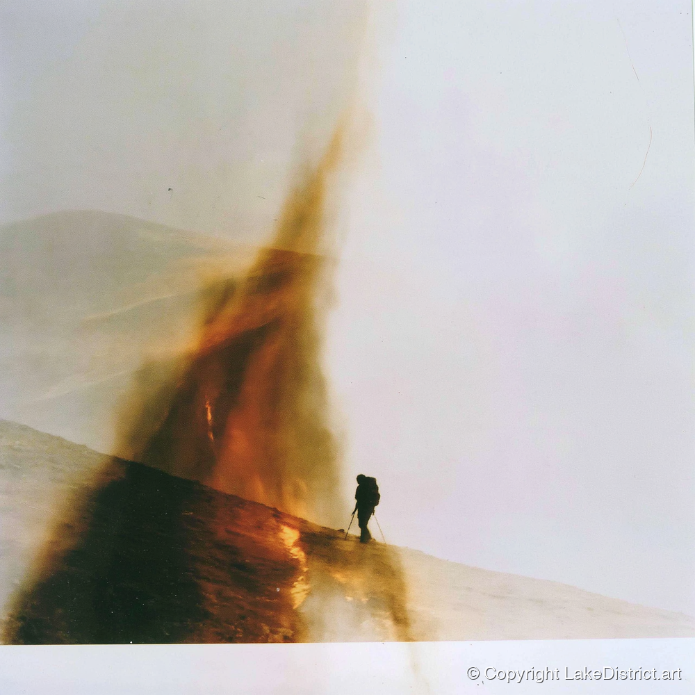 Fell-walker Silhouette in Amber Mist - lake district walking art print and canvas by George Weston A.I