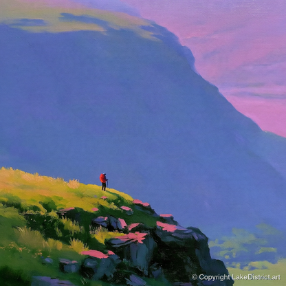 Fell Walker Under Lilac Sky - lake district walking art print and canvas by Edmund Thatcher A.I