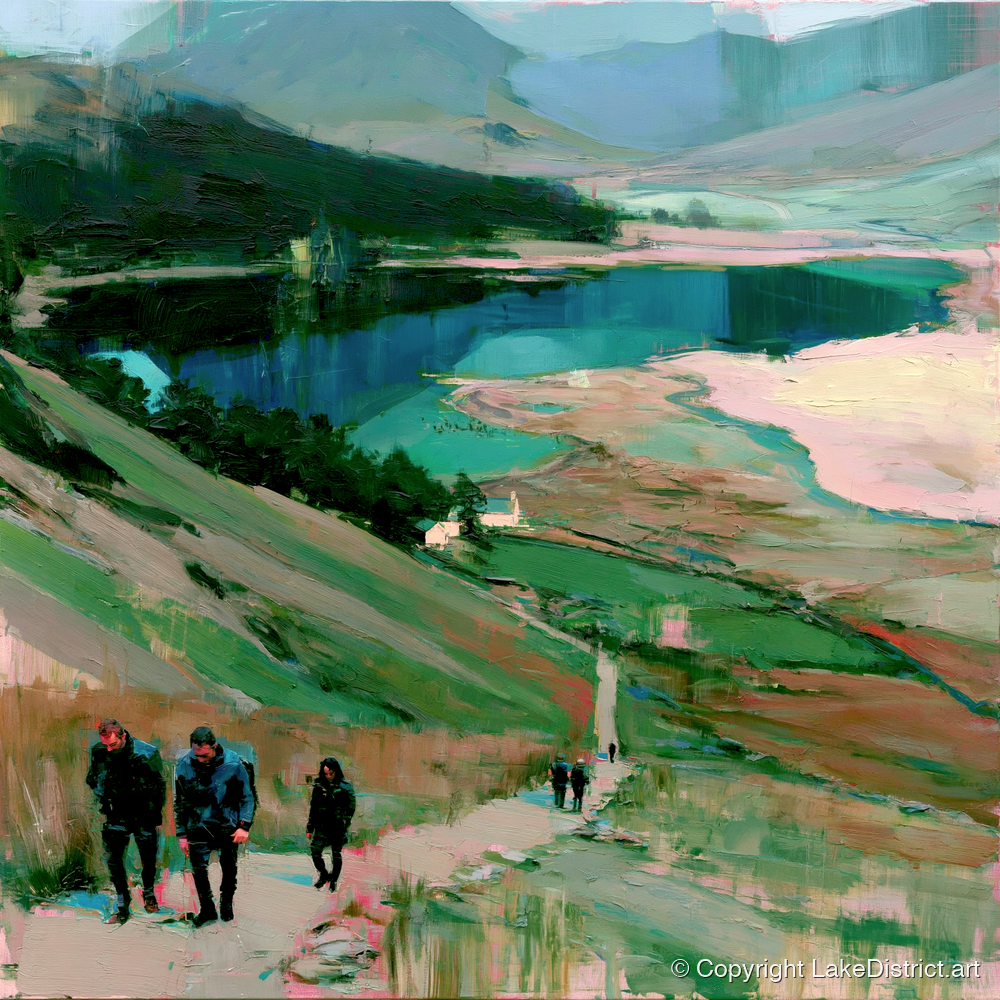 Fell Walkers Above the Lake - lake district fell art print and canvas by Quentin Hart A.I