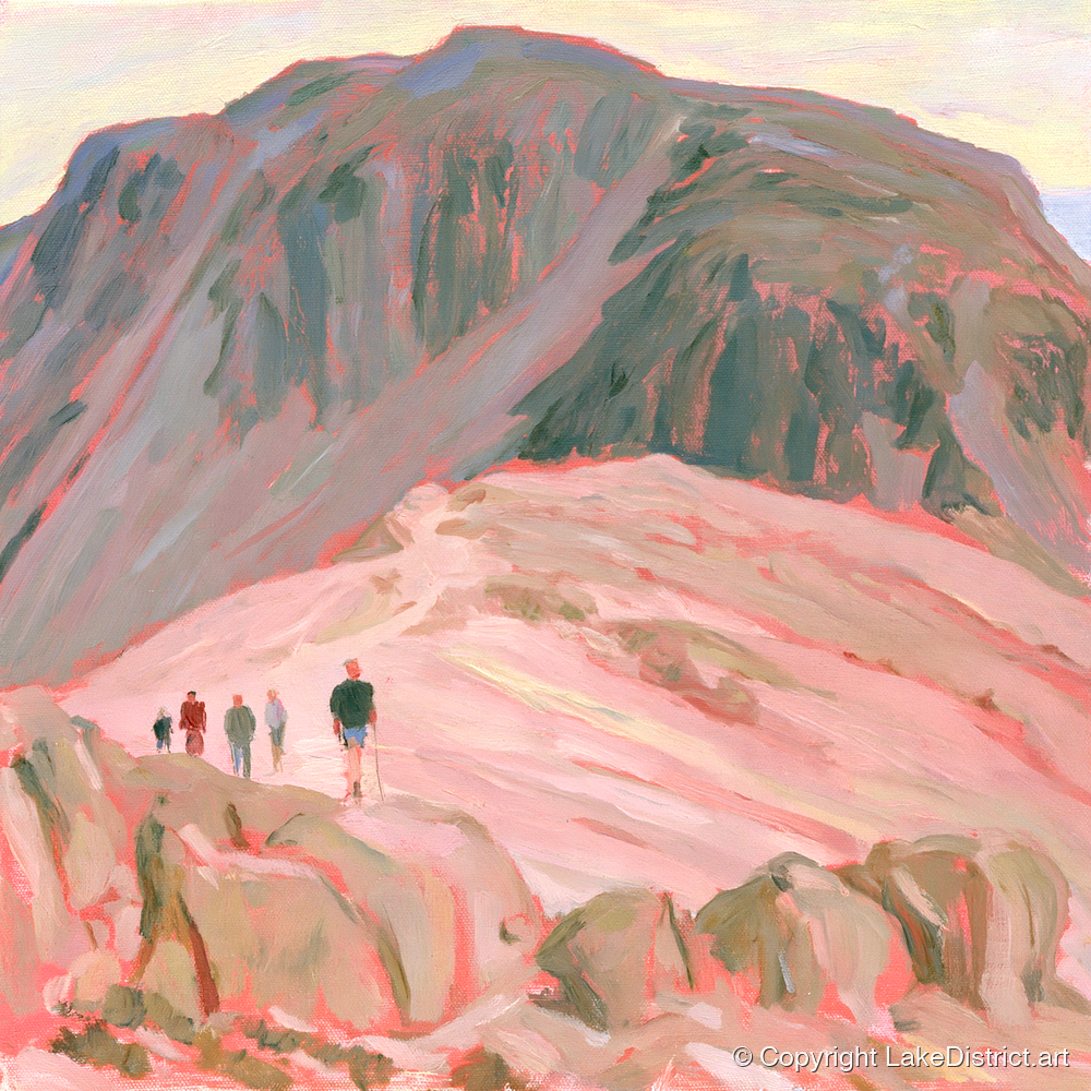 Fell Walkers in Pastel Pink - lake district fell art print and canvas by Florence Hadley A.I