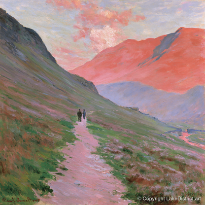 Fell Walkers in Pink Sunset - lake district walking art print and canvas by Clara Sterling A.I