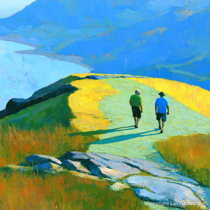 Fell Walkers on a Sunlit High Ridge - lake district fell art print and canvas by Daphne Morley A.I