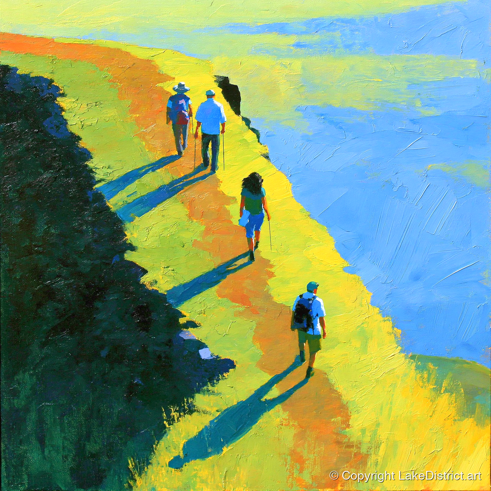 Fell Walkers on a Sunlit Ridge - lake district fell art print and canvas by Daphne Morley A.I