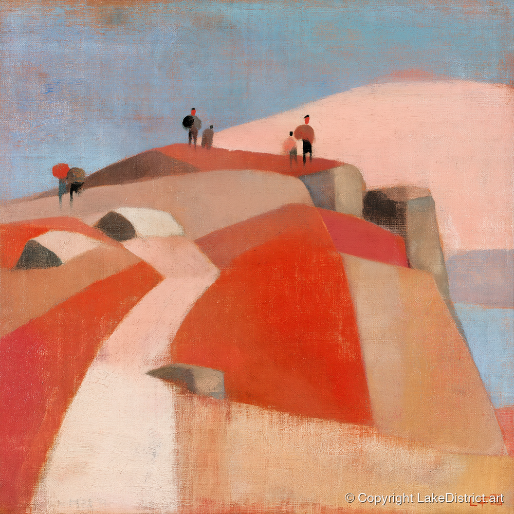 Fell Walkers on a Terracotta Summit - lake district fell art print and canvas by Arthur Pendelton A.I