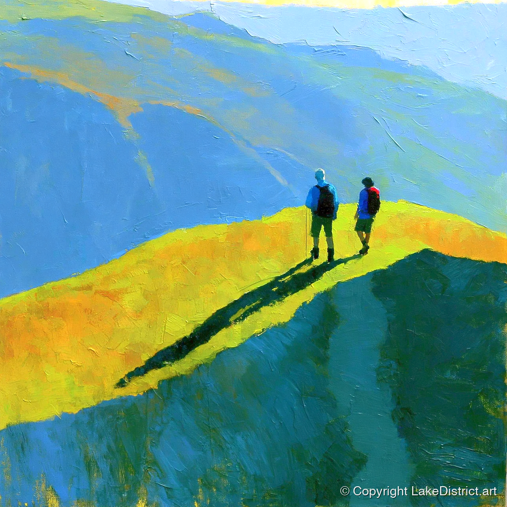 Fell Walkers on a Vibrant Sunlit Ridge - lake district fell art print and canvas by Daphne Morley A.I