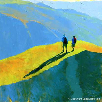 Fell Walkers on a Vibrant Sunlit Ridge - lake district fell art print and canvas by Daphne Morley A.I