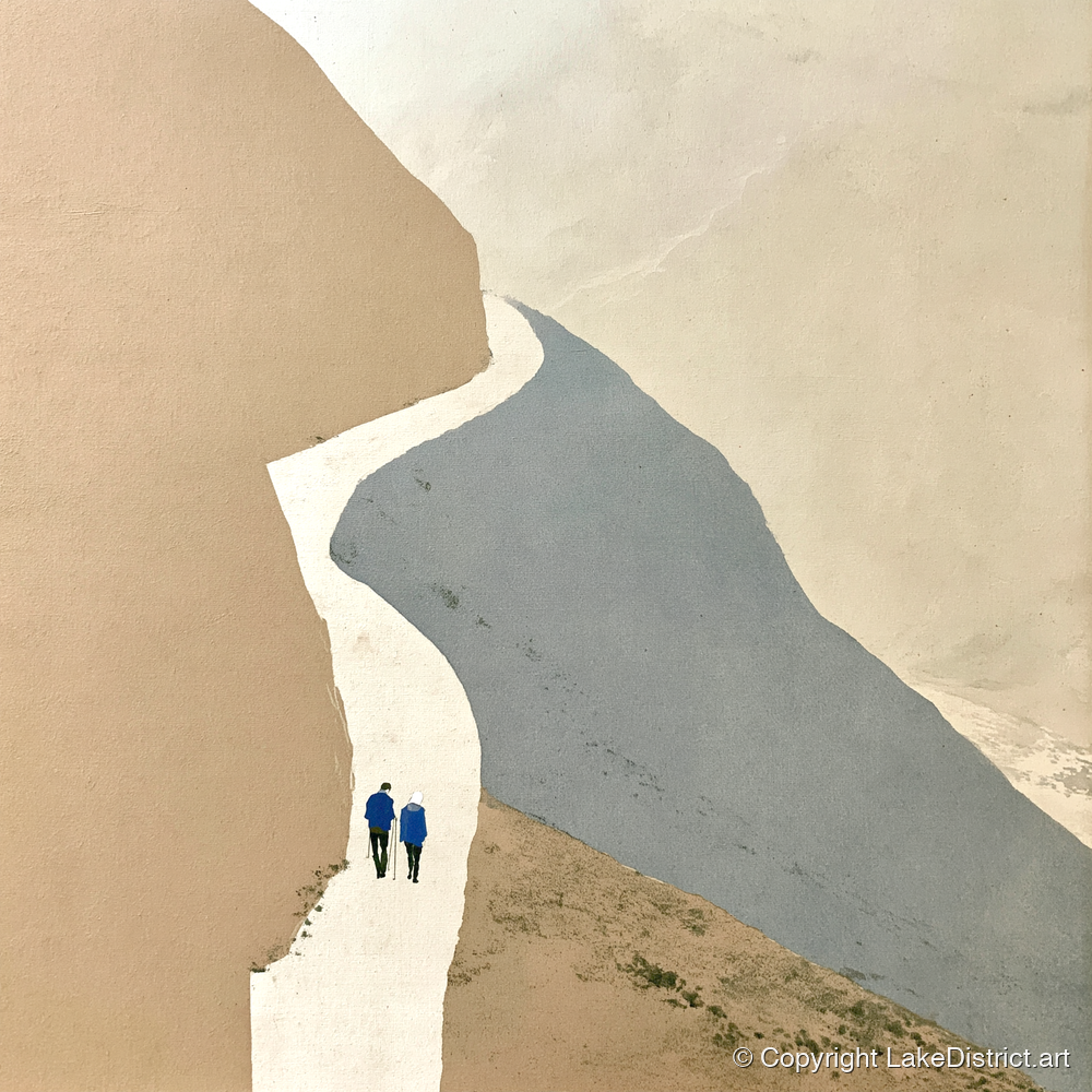 Fell Walkers on the Winding Slate Path - lake district walking art print and canvas by Phillip Marbury A.I