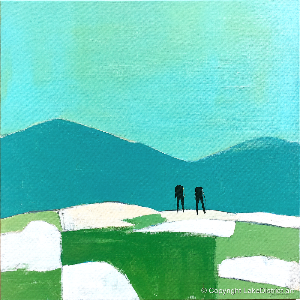 Fell Walkers Under Teal Sky - lake district fell art print and canvas by Sebastian Finch A.I