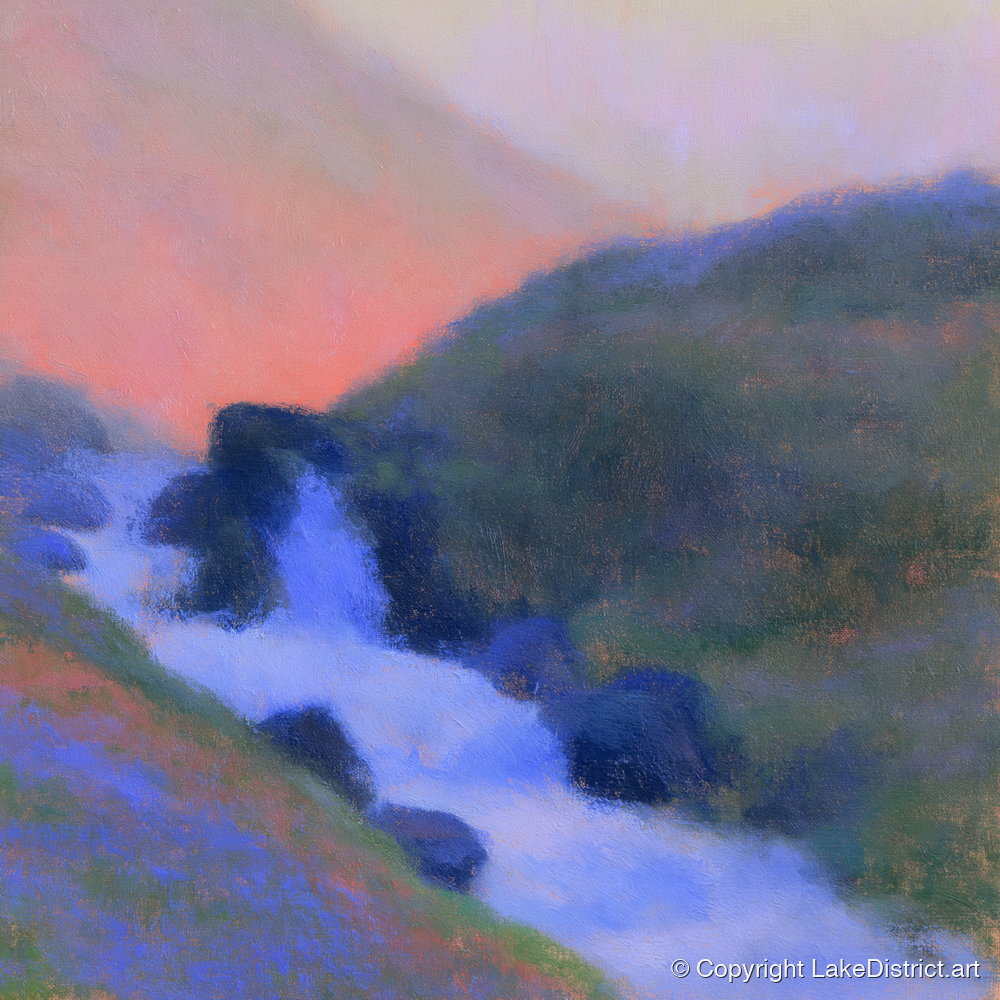 Fellside Beck in Peach Twilight - lake district waterfall art print and canvas by Theodore Vance A.I