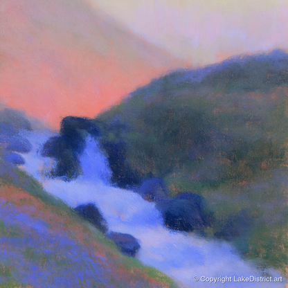 Fellside Beck in Peach Twilight - lake district waterfall art print and canvas by Theodore Vance A.I