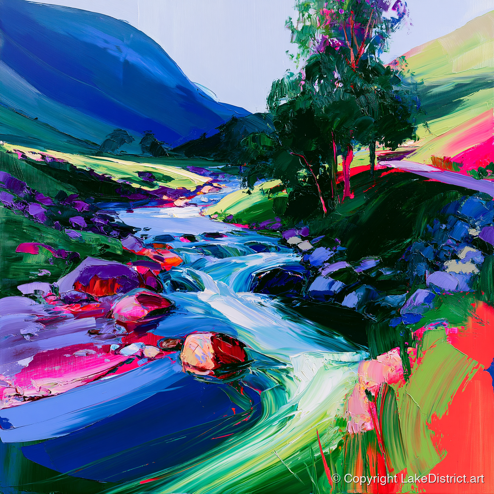 Fellside Beck with Magenta Rocks - lake district waterfall art print and canvas by Julian Mercer A.I