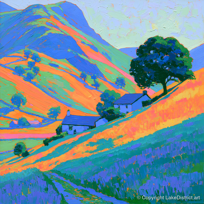 Fellside Cottages in Golden Evening Light - lake district sky art print and canvas by Jonathan Crawford A.I