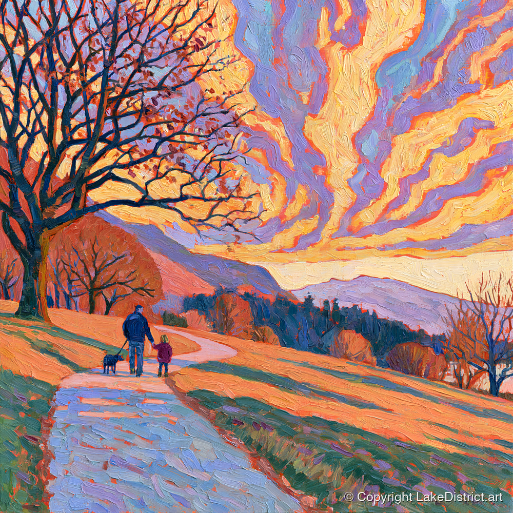Fiery Sky Dog Walk Keswick - gifts for dog walkers art print and canvas by Celia Harding A.I