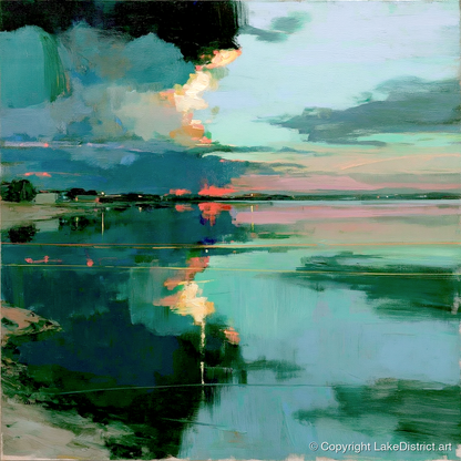 Fiery Sky Lake Reflections - lake district lake art print and canvas by Quentin Hart A.I