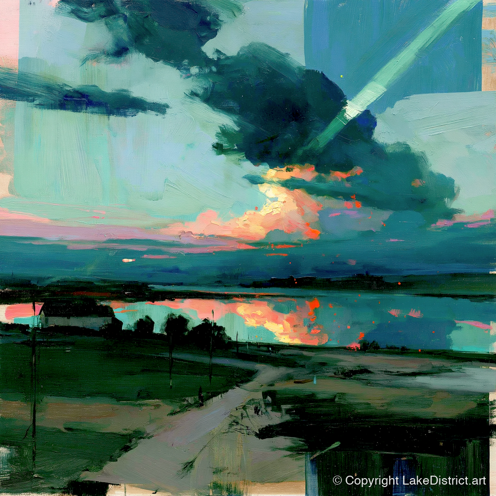 Fiery Sky Over The Lake - lake district sky art print and canvas by Quentin Hart A.I