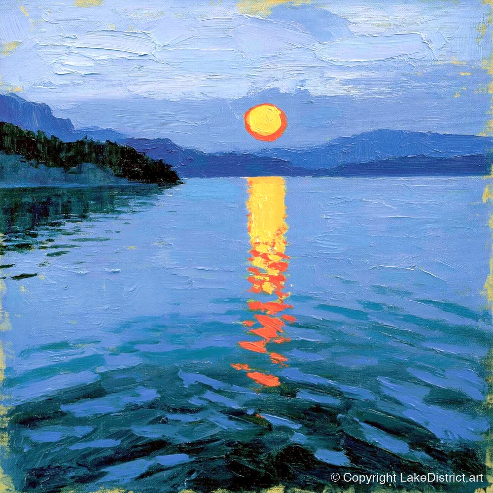Fiery Sunset Over the Lake - lake district lake art print and canvas by Hugo Beckett A.I