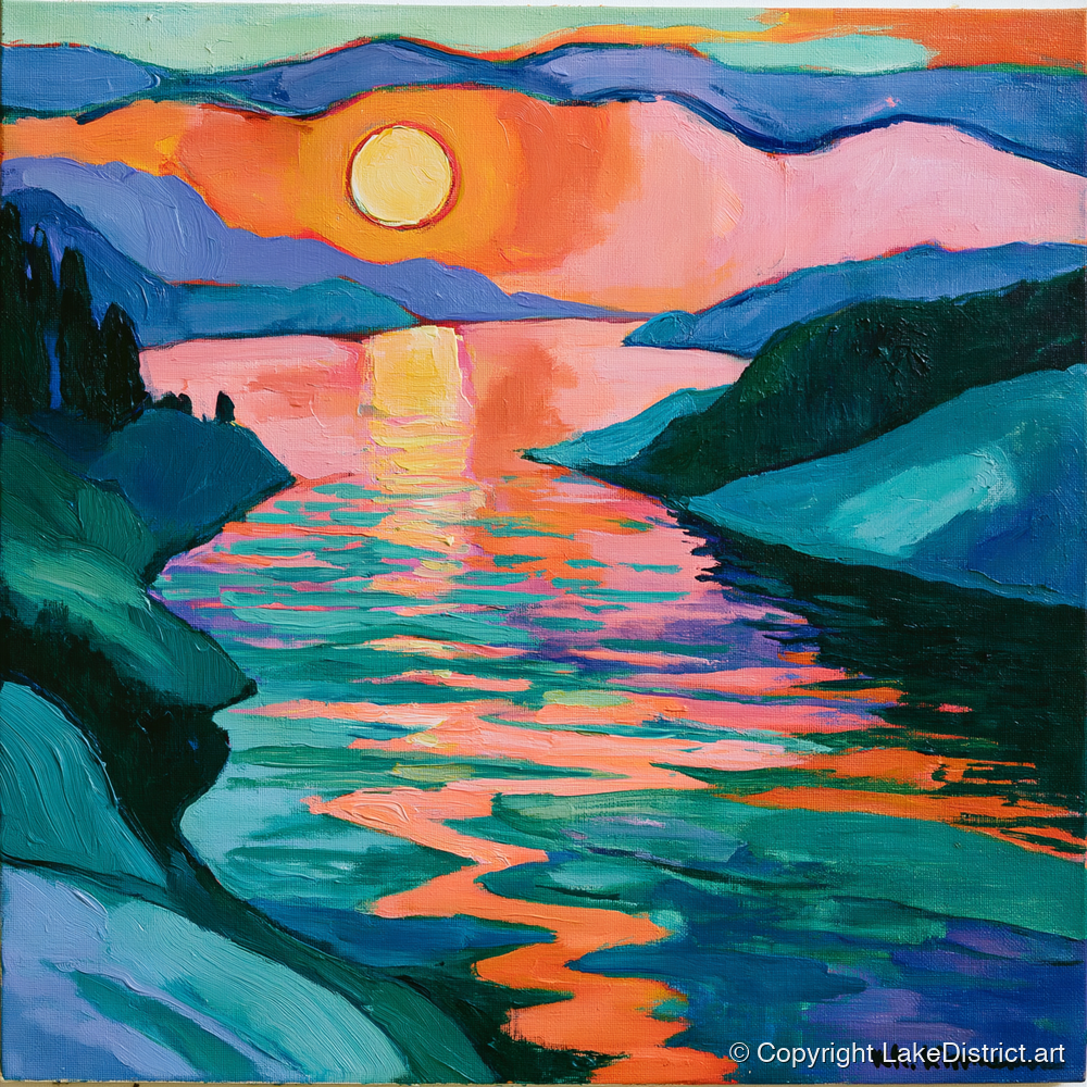 Fiery Sunset Over The Lakes - lake district lake art print and canvas by Gideon Wright A.I
