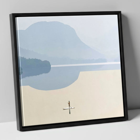 Paddleboarding Under Misty Blue Fells lake district walking canvas wall art in black frame