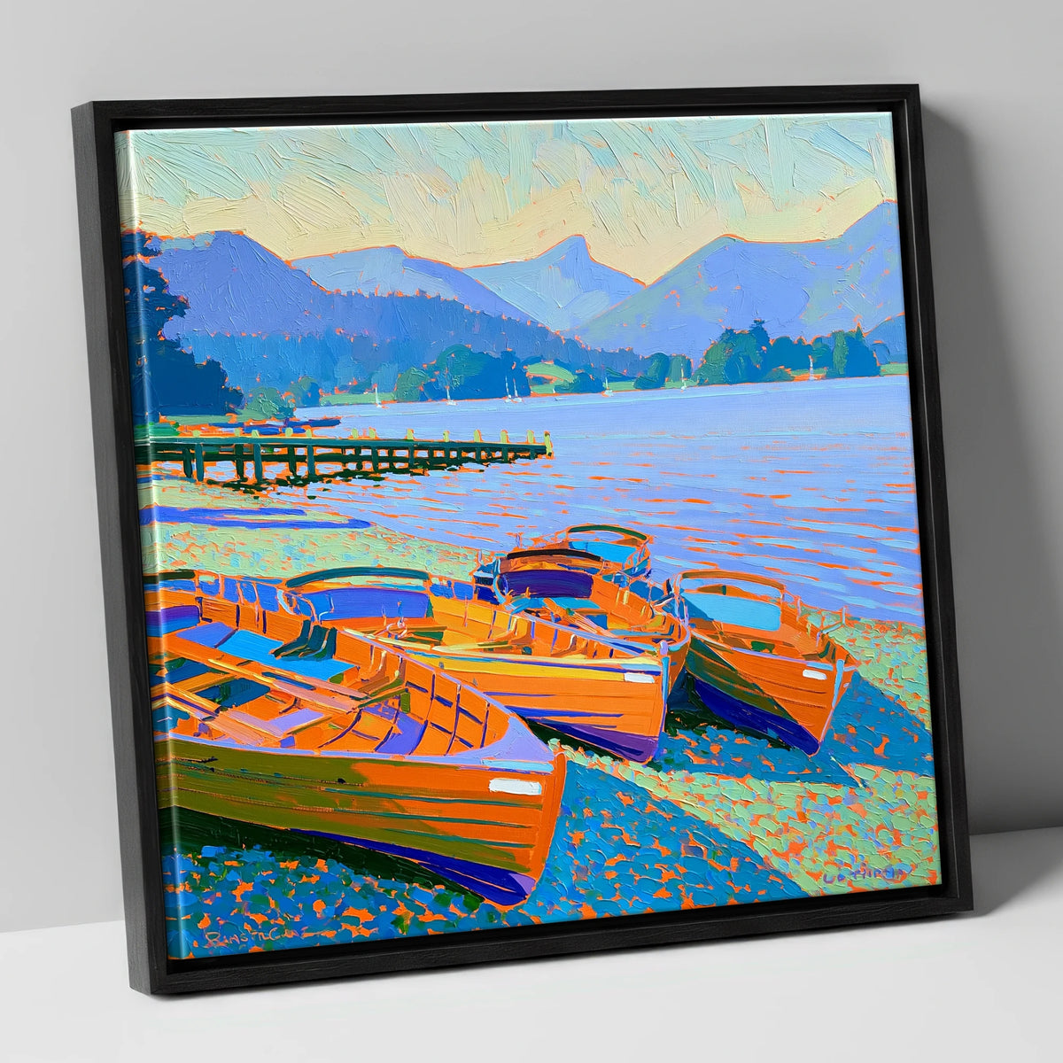 Vibrant Rowing Boats on Windermere lake district lake canvas wall art in black frame