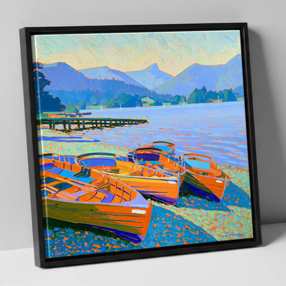 Vibrant Rowing Boats on Windermere lake district lake canvas wall art in black frame