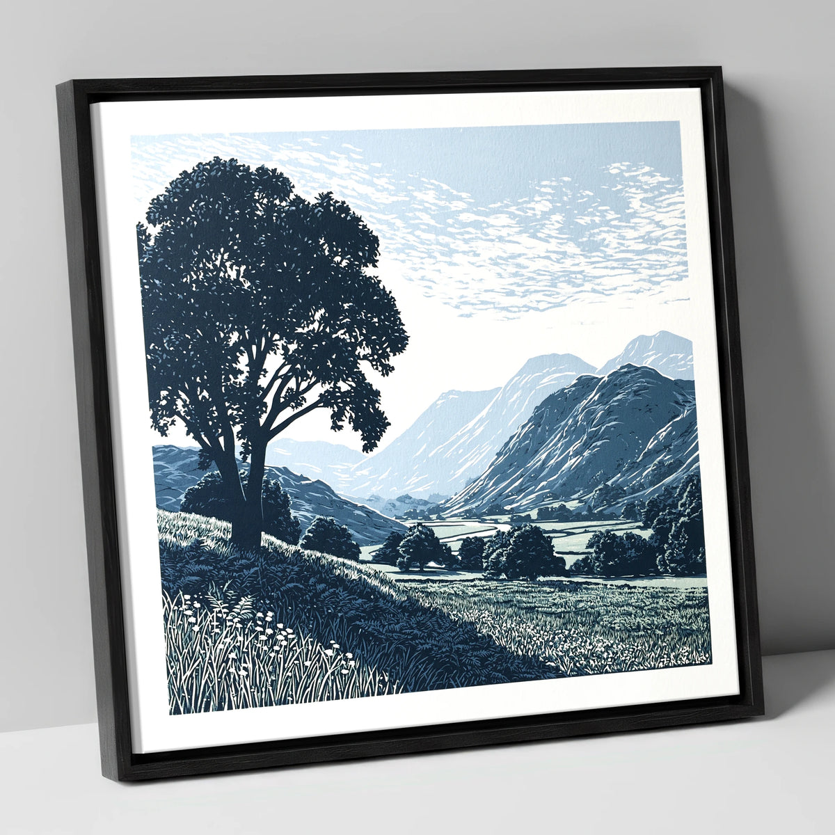 Eskdale Valley in Navy and Slate lake district valley canvas wall art in black frame