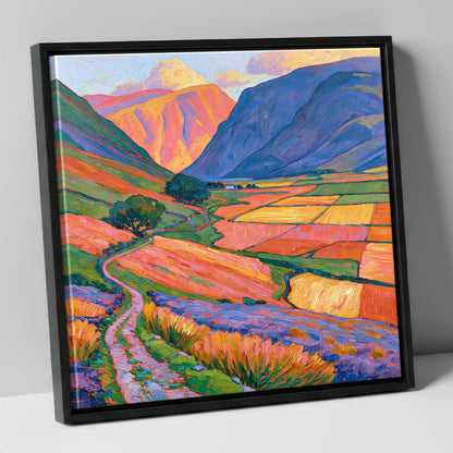 Sunlight on Patchwork Valley Fields lake district valley canvas wall art in black frame