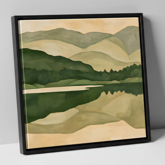 Earthy Lake Reflections at Dawn lake district lake canvas wall art in black frame